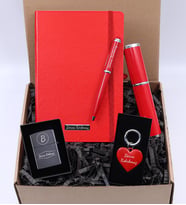 Kişiye Özel Kırmızı Kutulu Kalem & Kişiye Özel Kırmızı Defter & Zippo Tarzı Çakmak & Kalp Anahtarlık Hediye Seti  (Model 1)