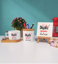Diyaliz Teknikeri Hediye Ahşap Altlıklı Fincan Kalemlik ve Dekoratif Taş Baskı Hediye Seti