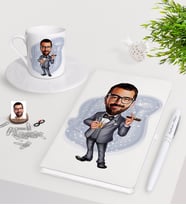 BK Gift Kişiye Özel Erkek Patron Karikatürlü Beyaz Defter Kalem Türk Kahvesi Fincanı Seti-3 (Model 1)