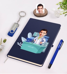 BK Gift Kişiye Özel Erkek Eczacı Karikatürlü Lacivert Defter Kalem 32gb USB Bellek Hediye Seti-4 (Model 1)