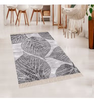 Yaprak Desenli Dijital Baskı Yıkanabilir Kaymaz Taban Modern Salon Halısı Yolluk (Açık Gri)