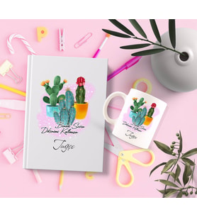 BK Gift Kişiye Özel Kaktüs Tasarımlı Beyaz Defter ve Kupa Hediye Seti-1 (Model 1)