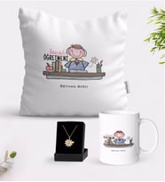 BK Gift Kişiye Özel Anasınıfı Öğretmeni Beyaz Kupa Yastık ve İsimli Papatya Kolye Hediye Seti-3 (Model 1)