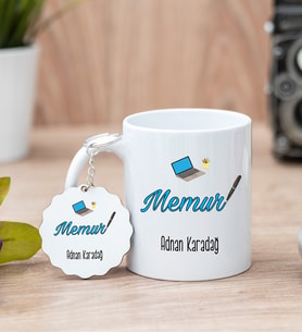 Memur Beyaz Kupa Bardak Ve Anahtarlık Set