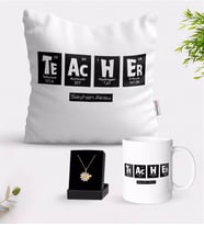 BK Gift Kişiye Özel Öğretmen Beyaz Kupa Yastık ve İsimli Papatya Kolye Hediye Seti-2 (Model 1)