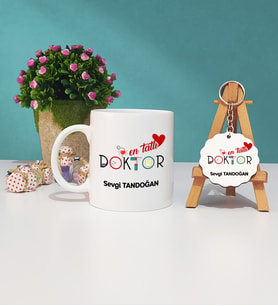 Mesajlı Doktor Hediye Kupa Bardak ve Ahşap Anahtarlık Hediye Seti