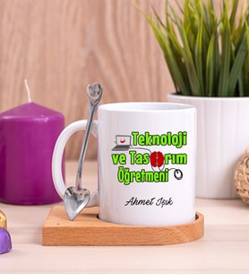 Teknoloji ve Tasarım Öğretmeni Ahşap Altlıklı Beyaz Kupa Bardak