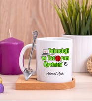 Teknoloji ve Tasarım Öğretmeni Ahşap Altlıklı Beyaz Kupa Bardak