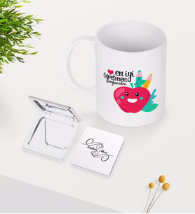 BK Gift Kişiye Özel En İyi Öğretmen Beyaz Kupa Ayna Seti-11 (Model 1)
