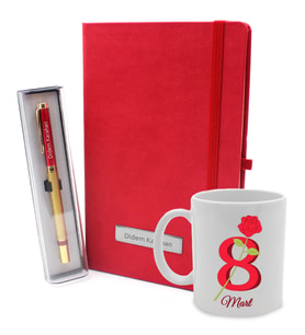 8 Mart Dünya Kadınlar Gününe Özel Kupa & İsme Özel Kırmızı Defter & Gold Roller Kalem Hediye Seti (Model 1)