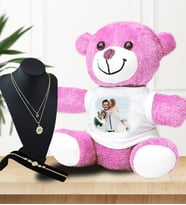 Pembe Pelüş Ayıcık  Papatya Zincirli Kolye Bileklik Set