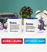 İkili Kişiye Özel Baba ve Anne Kupa Bardak Lacivert