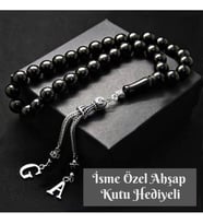 Kişiye Özel Ahşap Kutulu Metal Harfli Gürcistan Oltu Taşı Tesbih (Siyah)