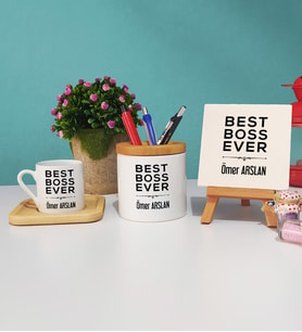 Patrona Hediye Best Boss Ever Tasarımlı Patron Ahşap Altlıklı Türk Kahvesi Fincanı Kalemlik Dekoratif Taş Baskı Hediye Seti