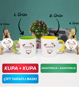 İkili Yeşil Sarı Sevgiliye Sevgililer Günü Hediyesi 13 Kupa Bardak Anahtarlık