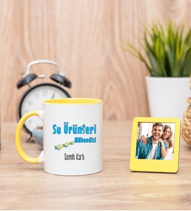 Su Ürünleri Mühendisi Sarı Kupa Bardak ve Sarı Mini Fotoğraf Çerçevesi