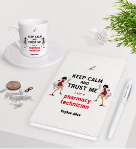 BK Gift Kişiye Özel Eczacı Teknisyeni Beyaz Defter Kalem Türk Kahvesi Fincanı Seti-2 (Model 1)