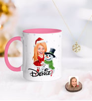 BK Gift Kişiye Özel Kadın Yeni Yıl Karikatürlü Pembe Kupa ve Kar Tanesi Kolye-2 (Model 1)