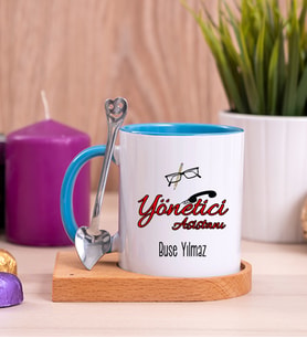 Yönetici Asistanı Ahşap Altlıklı Mavi Kupa Bardak