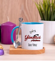 Yönetici Asistanı Ahşap Altlıklı Mavi Kupa Bardak