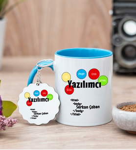 Yazılımcı Mavi Kupa Bardak Ve Anahtarlık Set