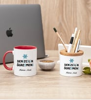 Denizcilik Öğretmeni Kırmızı Kupa Bardak Ve Kalemlik Seti