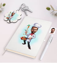 BK Gift Kişiye Özel Erkek Chef Karikatürlü Beyaz Defter Kalem ve Anahtarlık Hediye Seti (Model 1)