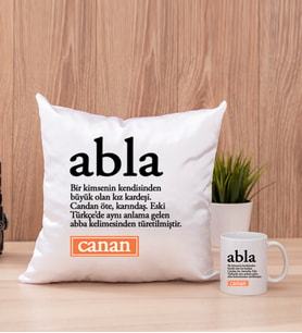 Abla Kelime Anlamı Kare Yastık ve Beyaz Kupa Bardak