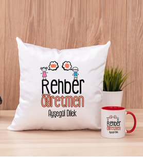 Rehber Öğretmen Kare Yastık ve Kırmızı Kupa Bardak