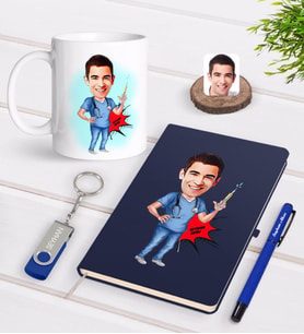 BK Gift Kişiye Özel Erkek Hemşir Karikatürlü Lacivert Defter Kalem Kupa 32gb USB Bellek Hediye Seti-1 (Model 1)