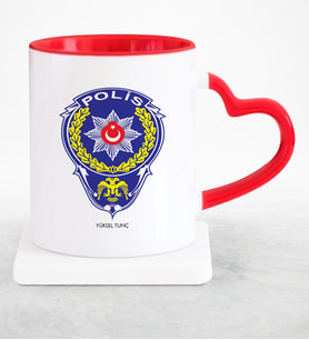 BK Gift Kişiye Özel Mesleki Polis Kırmızı Kalpli Kupa Bardak  2