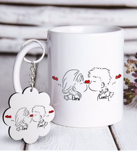 BK Gift Kişiye Özel Sevgililer Günü Beyaz Kupa ve Anahtarlık Hediye Seti-103 (Model 1)