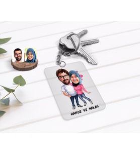 BK Gift Kişiye Özel Sevgililer Karikatürlü Şeffaf Pleksi Anahtarlık-58 (Beyaz)
