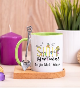 Sınıf Öğretmeni Ahşap Altlıklı Yeşil Kupa Bardak