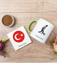 Atatürk Ve Türk Bayraklı Yeşil Kupa Bardak Ve Bardak Altlığı Seti