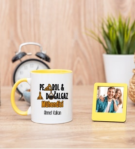 Petrol ve Doğalgaz Mühendisi Sarı Kupa Bardak ve Sarı Mini Fotoğraf Çerçevesi