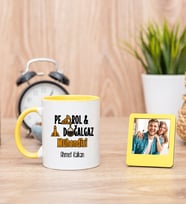 Petrol ve Doğalgaz Mühendisi Sarı Kupa Bardak ve Sarı Mini Fotoğraf Çerçevesi