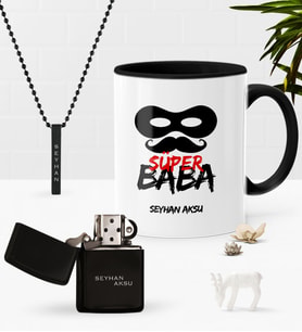 BK Gift Kişiye Özel Süper Baba Siyah Kupa Benzinli Çakmak Kolye Seti-4 (Model 1)