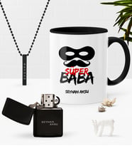 BK Gift Kişiye Özel Süper Baba Siyah Kupa Benzinli Çakmak Kolye Seti-4 (Model 1)