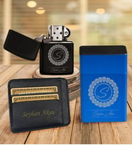 BK Gift Kişiye Özel İsimli Kartlık Mavi Metal Sigara Tabakası Benzinli Çakmak Seti - 2