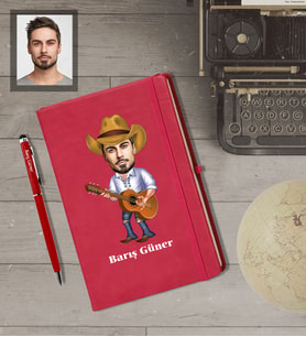 Kişiye Özel Gitarist Karikatürlü  Kırmızı Defter Kalem Hediye Seti Bay-1