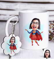 BK Gift Kişiye Özel Süper Anne Karikatürlü Beyaz Kupa ve Anahtarlık Hediye Seti-1 (Model 1)