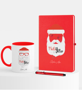 BK Gift Kişiye Özel Yılbaşı Noel Baba Temalı Kırmızı Defter Kalem Kupa Seti - 2