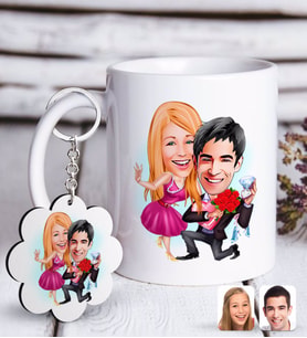 BK Gift Kişiye Özel Sevgililer Karikatürlü Beyaz Kupa ve Anahtarlık Hediye Seti-9 (Model 1)