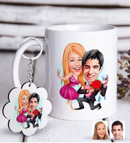BK Gift Kişiye Özel Sevgililer Karikatürlü Beyaz Kupa ve Anahtarlık Hediye Seti-9 (Model 1)