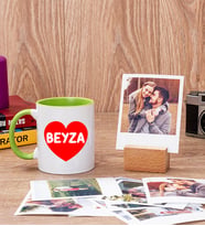 İsim Yazılı Kalpli Yeşil Kupa Bardak ve Ahşap Standlı Polaroid Set