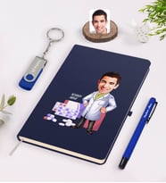 BK Gift Kişiye Özel Erkek Eczacı Karikatürlü Lacivert Defter Kalem 32gb USB Bellek Hediye Seti-3 (Model 1)