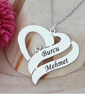 Çift Kalpli Iki İsimli  Hediyelik Gümüş Kolye