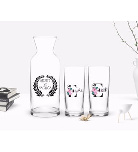 BK Gift Kişiye Özel Renkli Baskılı Harfli İkili Rakı Bardağı ve Karaf Hediye Seti-1 (Model 1)