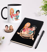 BK Gift Kişiye Özel Yılın En Mükemmel Çifti Karikatürlü Siyah Defter Kalem ve Kupa Seti-19 (Model 1)